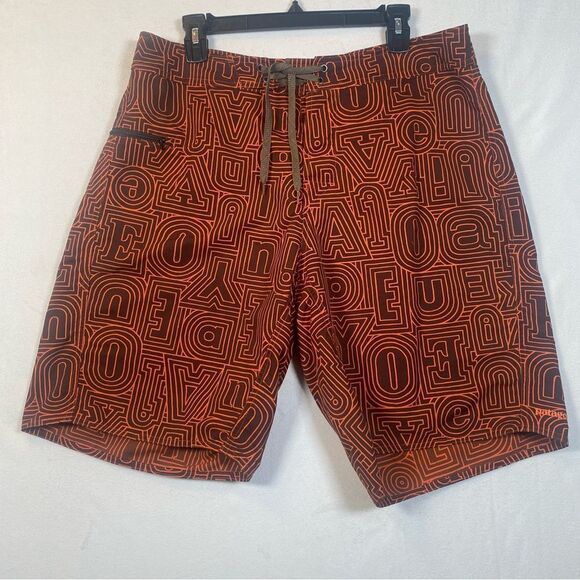 Patagonia Wavefarer Orange and Brown Letter Design Board Shorts Size 34 - Picture 1 of 12